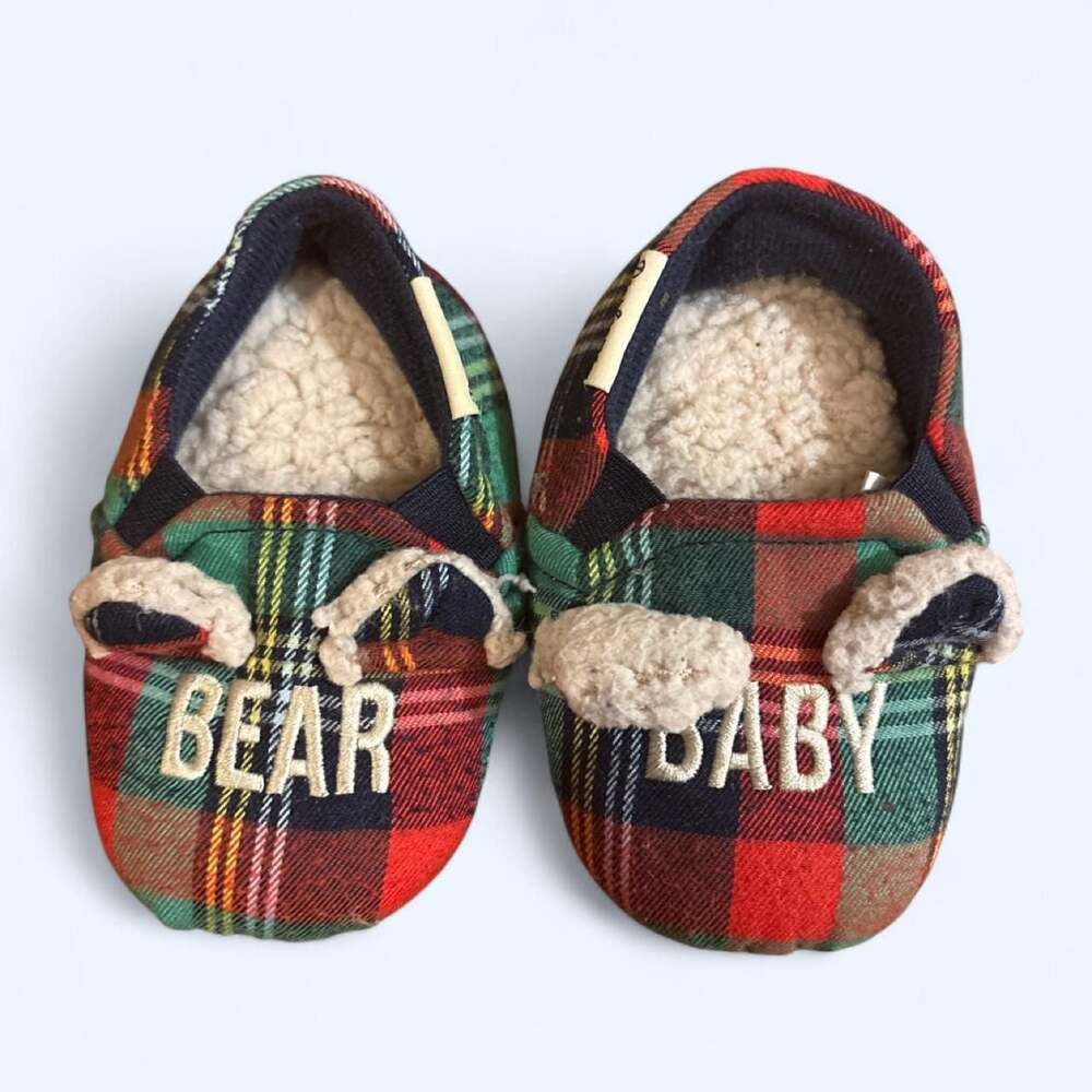 Baby Bear Baby Plaid Moccasin Slippers Red Green Size 5-6
